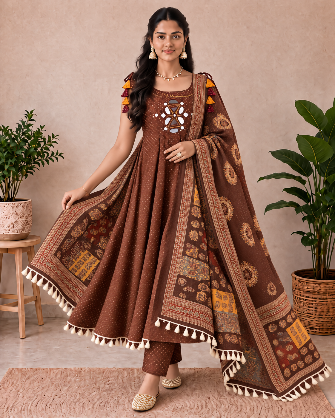 Mocha Brown Mirror-Work Cotton Designer Flared A-Line Kurti Set