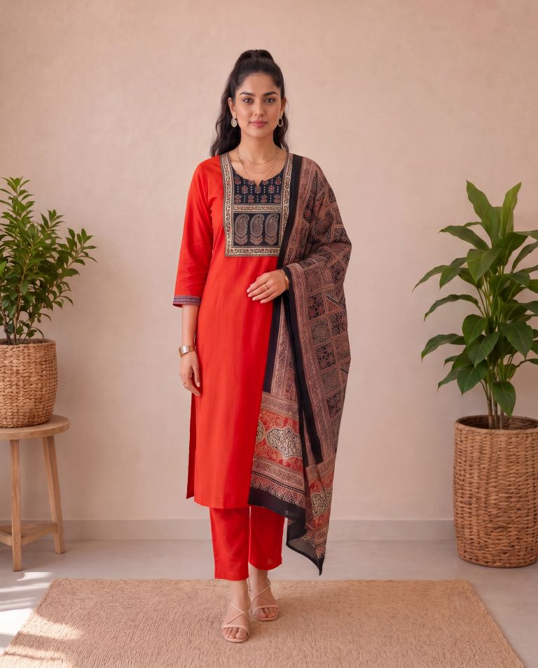 Blooming Terra Dhabu Cotton 3-Piece Kurti Set