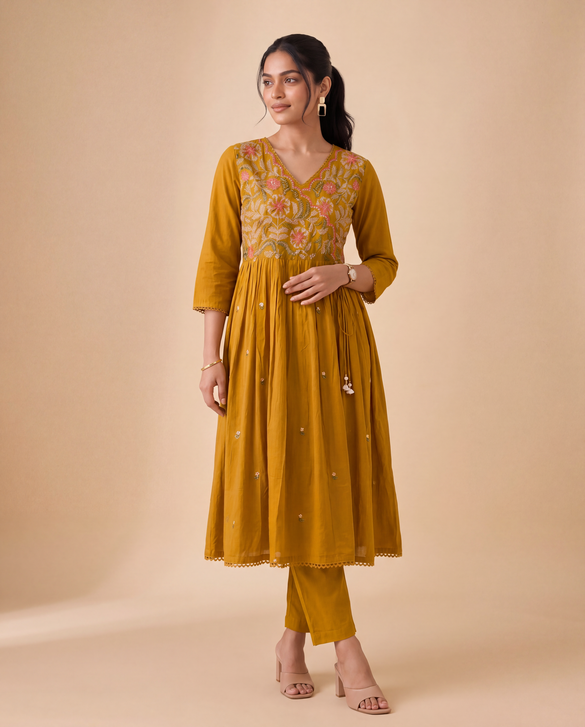 Golden Marigold Floral Embroidered Kurti Set