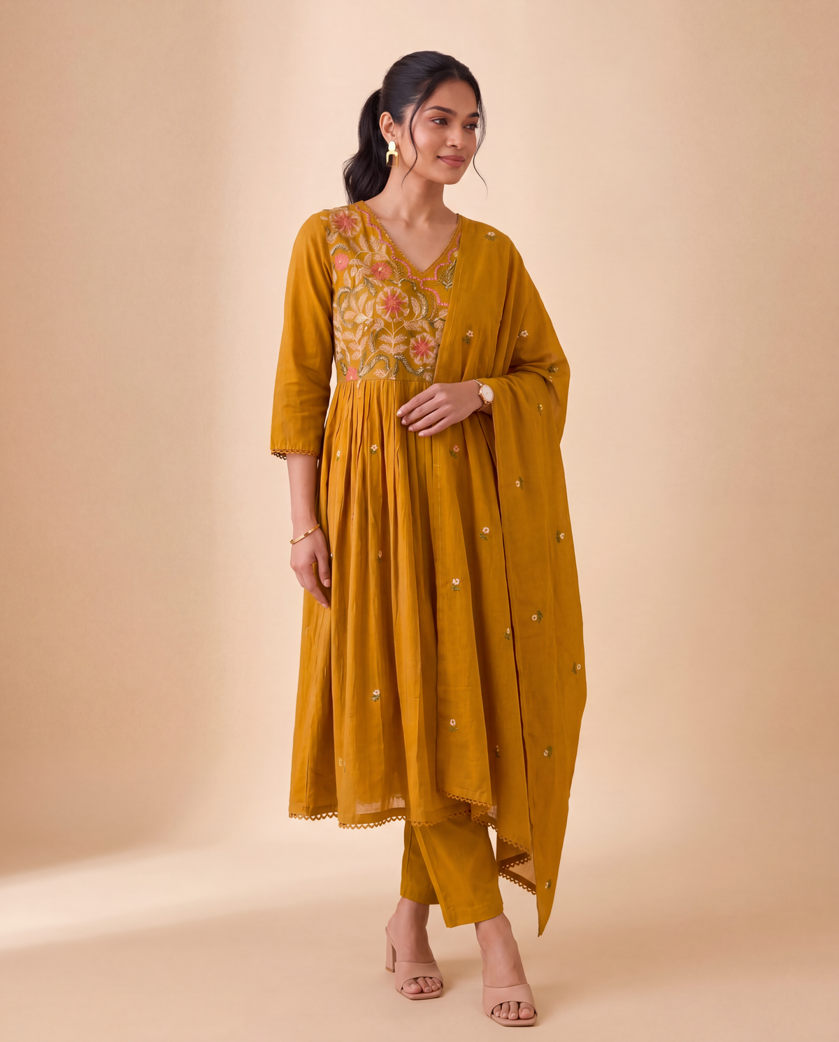 Golden Marigold Floral Embroidered Kurti Set