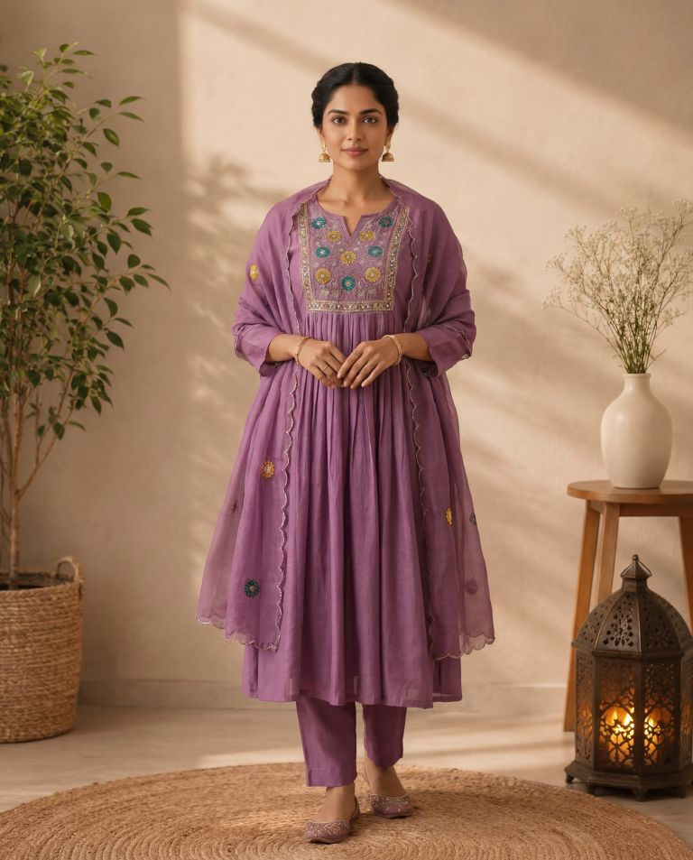 Lavender Bloom Mul Chanderi Embroidered 3-Piece Kurti Set with Dupatta