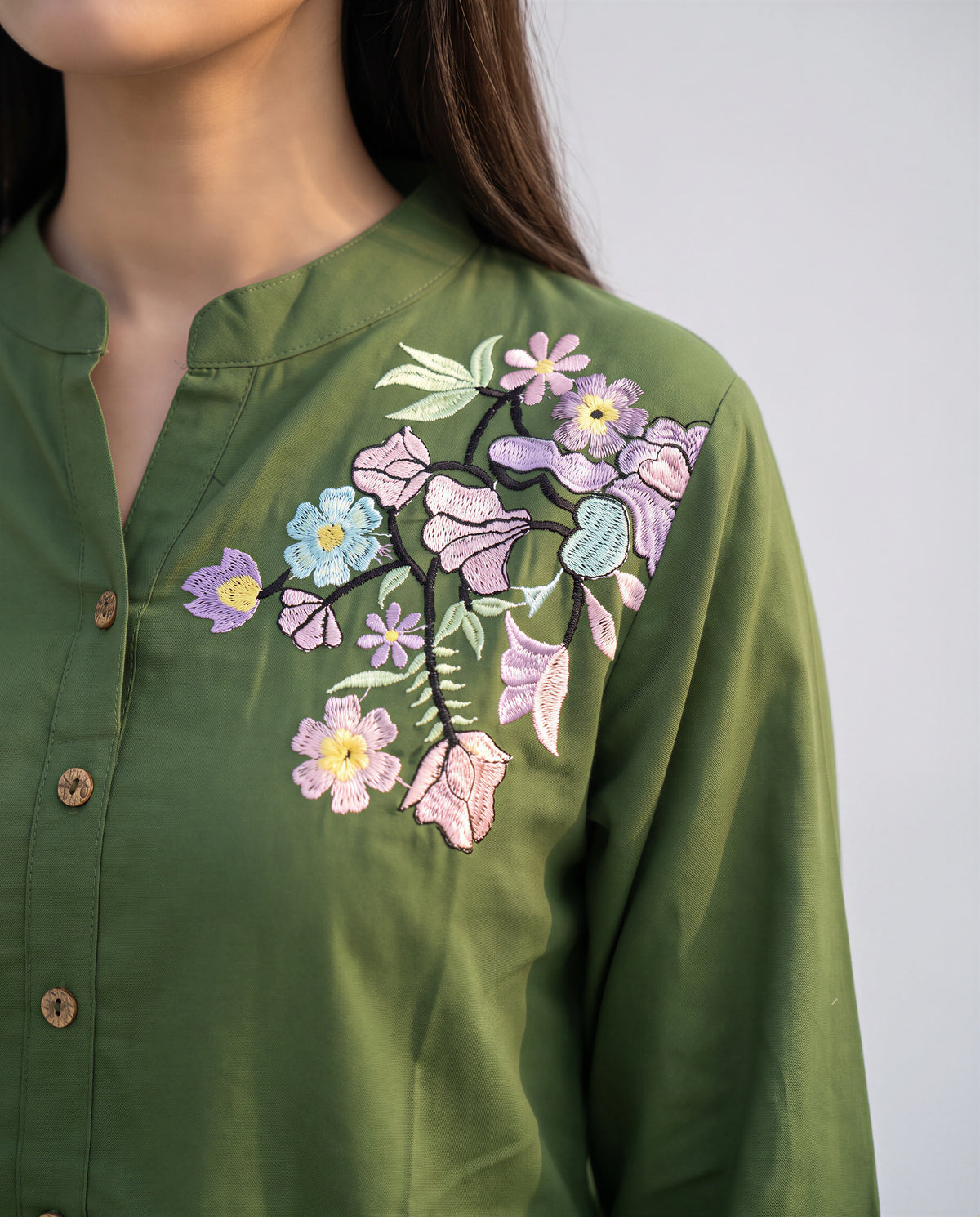 Olive Green Cotton Co-ord Set with Floral & Bicycle Embroidery