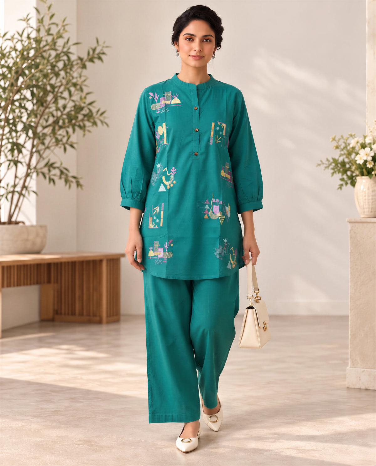 Teal Green Cotton Co-ord Set with Multicolour Abstract Embroidery