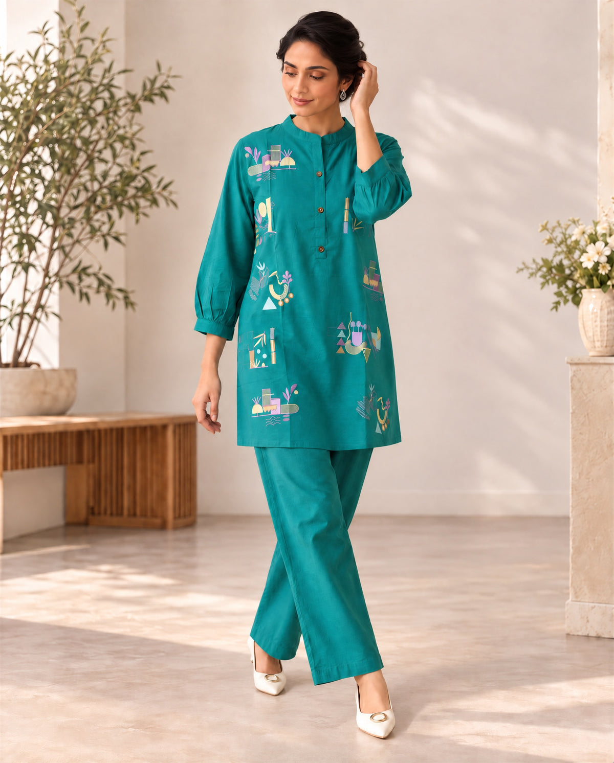 Teal Green Cotton Co-ord Set with Multicolour Abstract Embroidery