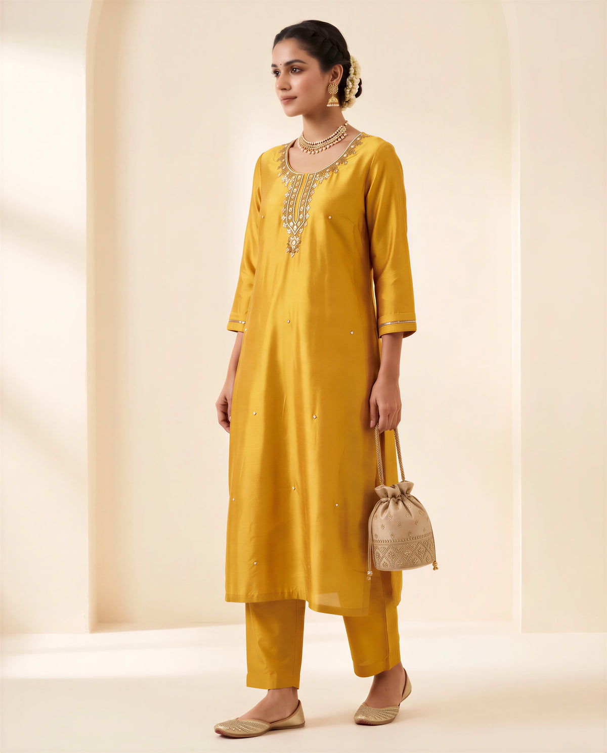 Mustard Gold Silk Kurti Pant Set with Handwork & Dupatta | Festive Wear for Women