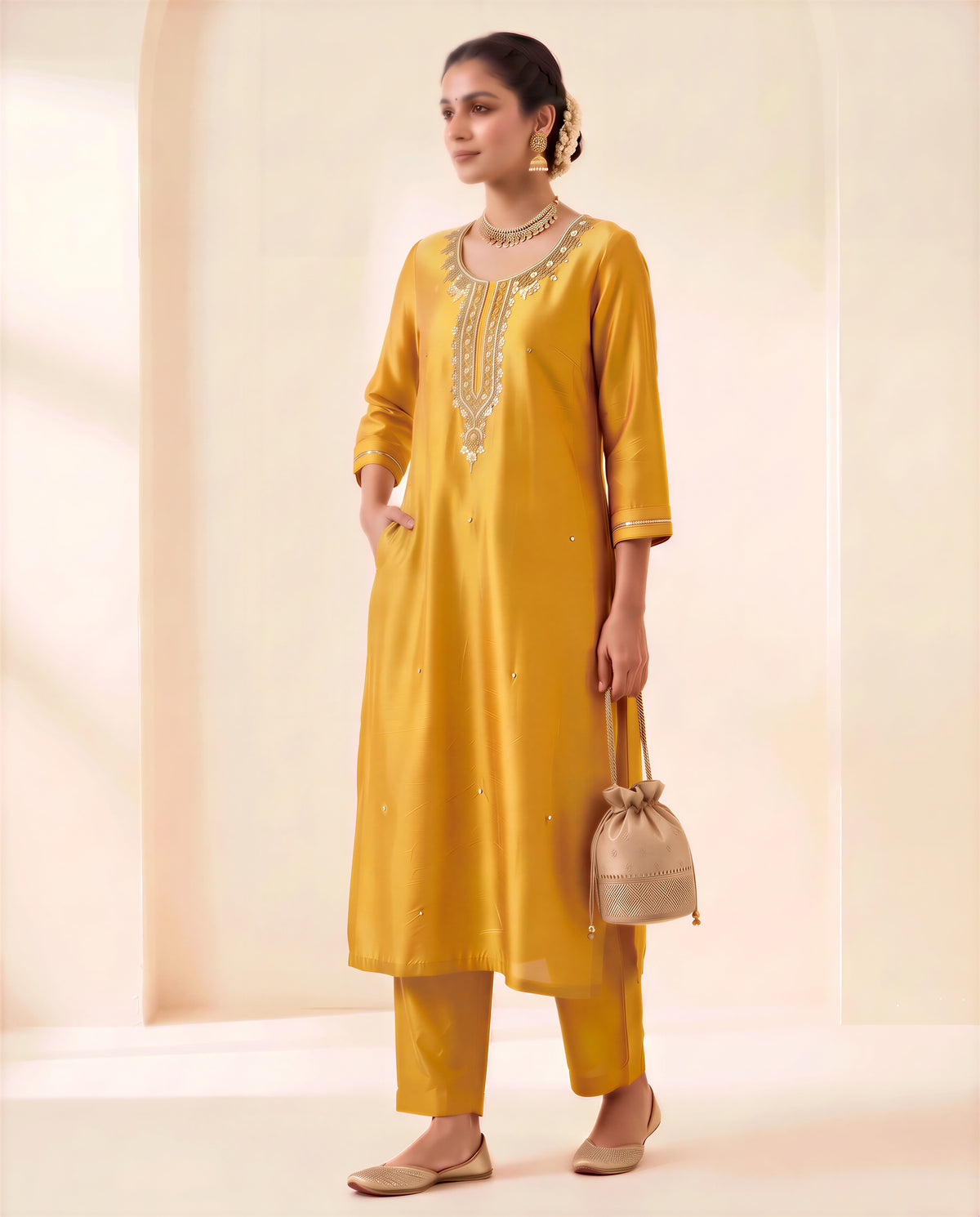 Mustard Gold Silk Kurti Pant Set with Handwork & Dupatta | Festive Wear for Women