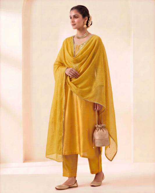 Mustard Gold Silk Kurti Pant Set with Handwork & Dupatta | Festive Wear for Women