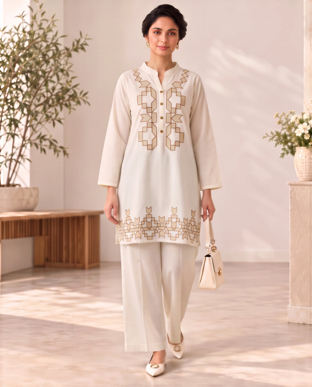 Ivory White Embroidered Cotton Co-ord Set with Wide-Leg Pants for Women