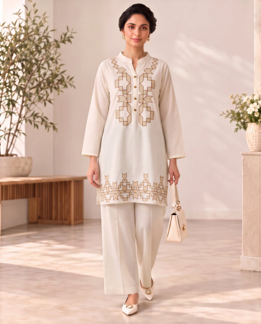Ivory White Embroidered Cotton Co-ord Set with Wide-Leg Pants for Women