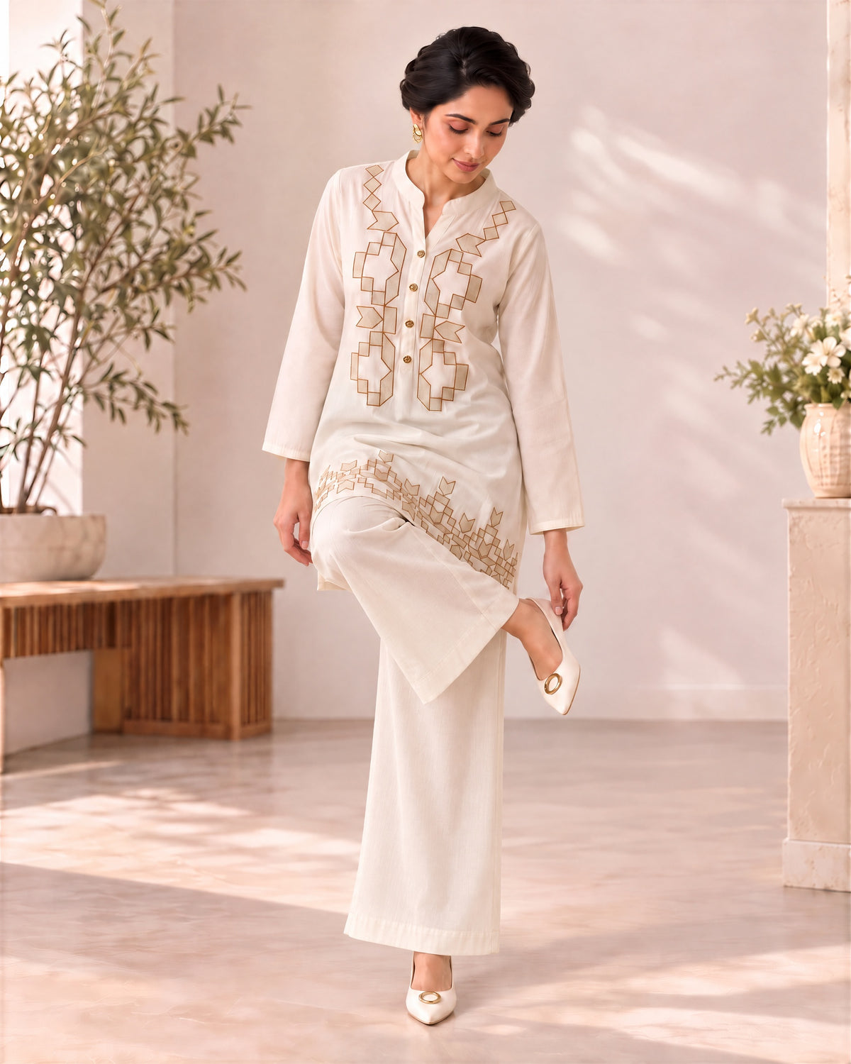 Ivory White Embroidered Cotton Co-ord Set with Wide-Leg Pants for Women